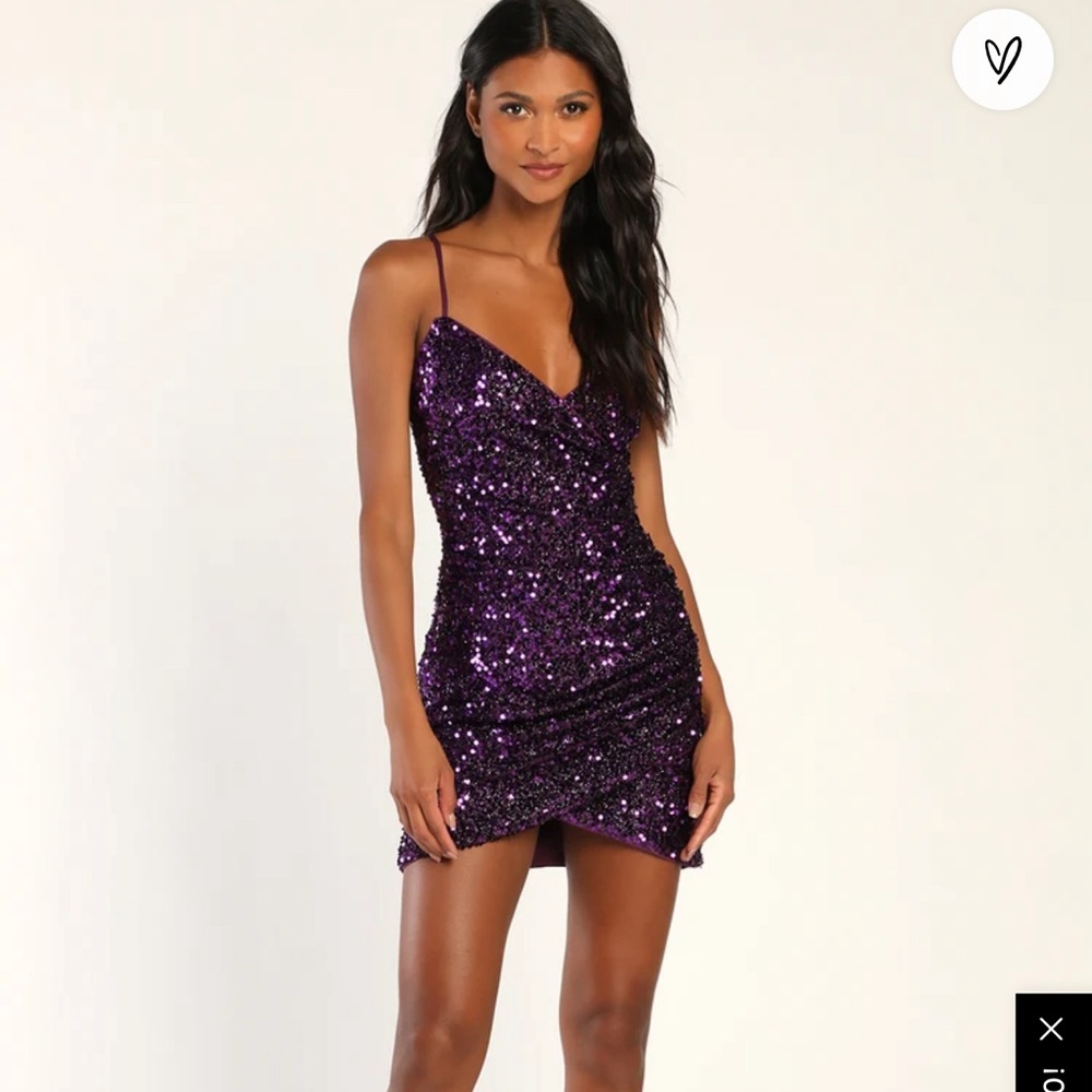 A Lulus Chance to Shine Purple Sequin Faux-Wrap Bodycon Mini Dress.